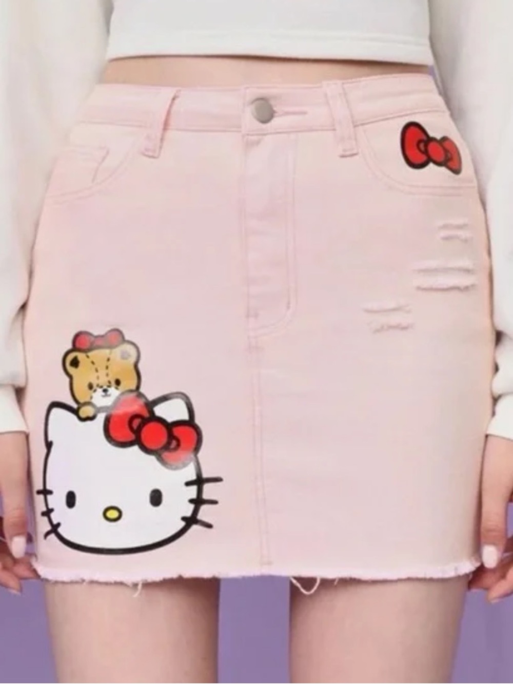 SHEIN Pink Hello Kitty Denim Mini Skirt with Bow Patch